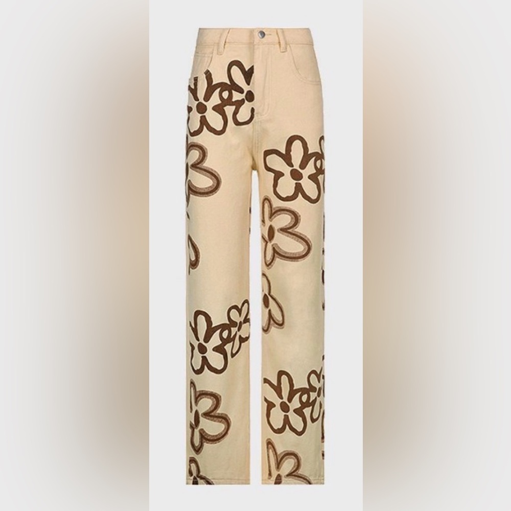 Floral print boyfriend jeans. Straight leg High rise Cream, brown. Cotton. 9/ 29 - Picture 2 of 12
